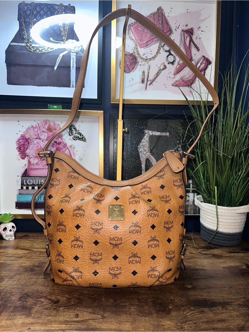 MCM Visetos Cognac Monogram Hobo Shoulder Bag Gold Plaque Leather Trim